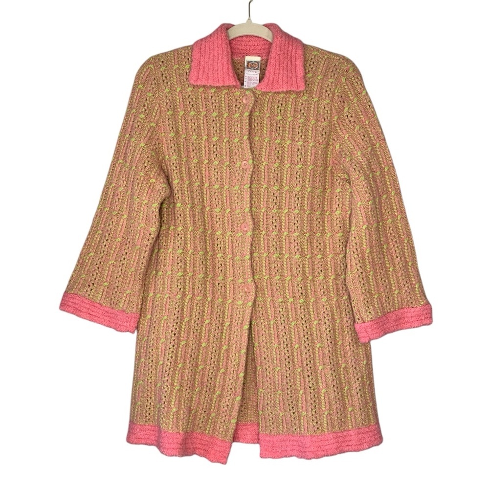 Vintage Oilily wool blend neon pink/yellow cableknit cardigan sweater. Size S